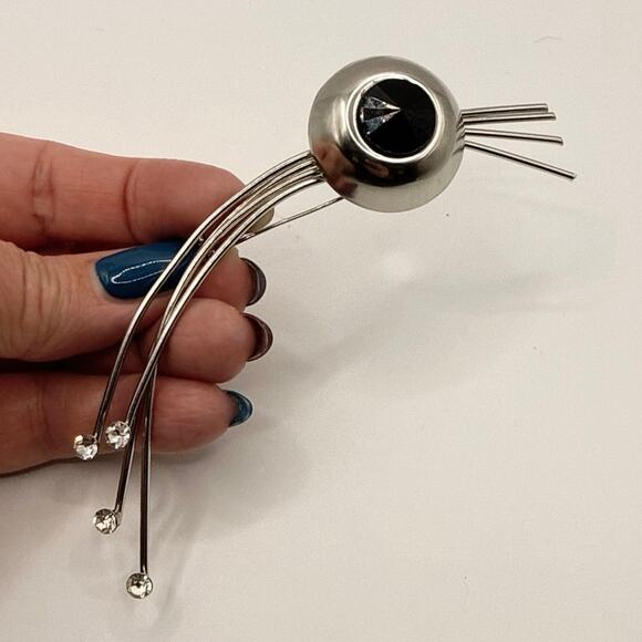 Vintage Jewelry - Vintage Spray Brooch • Black Stone + Rhinestones • 5” • Atomic Style • Unmarked
